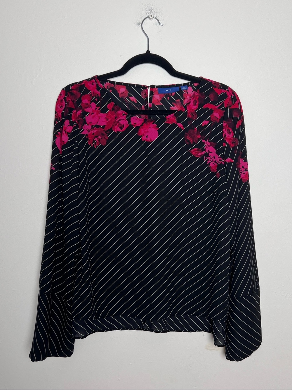 APT. 9 Black Pink Floral Striped Bell Sleeve Blouse Women’s Medium